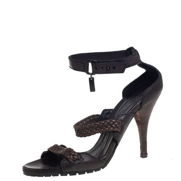 Burberry Black/Brown Leather Ankle Strap Sandals Size 38 - Picture 1 of 4